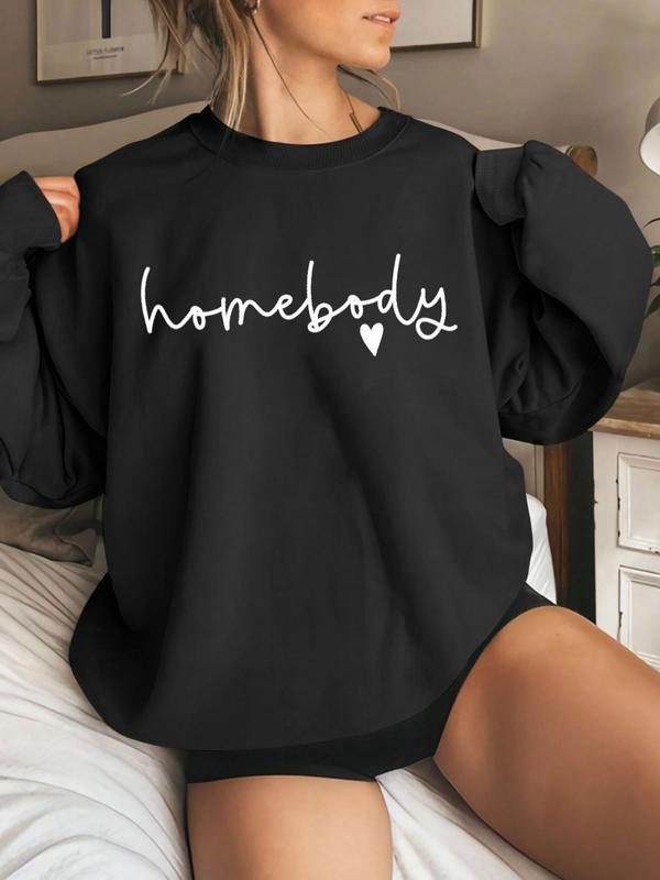 Women's Letter & Heart Print Drop Shoulder Sweatshirt, Casual Long Sleeve Round Neck Pullover for Daily Wear, Ladies Clothes for All Seasons