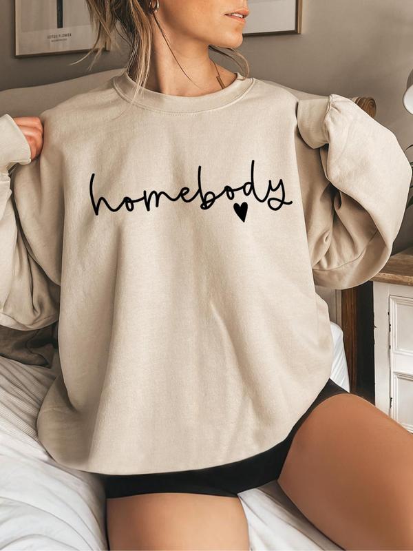 Women's Letter & Heart Print Drop Shoulder Sweatshirt, Casual Long Sleeve Round Neck Pullover for Daily Wear, Ladies Clothes for All Seasons