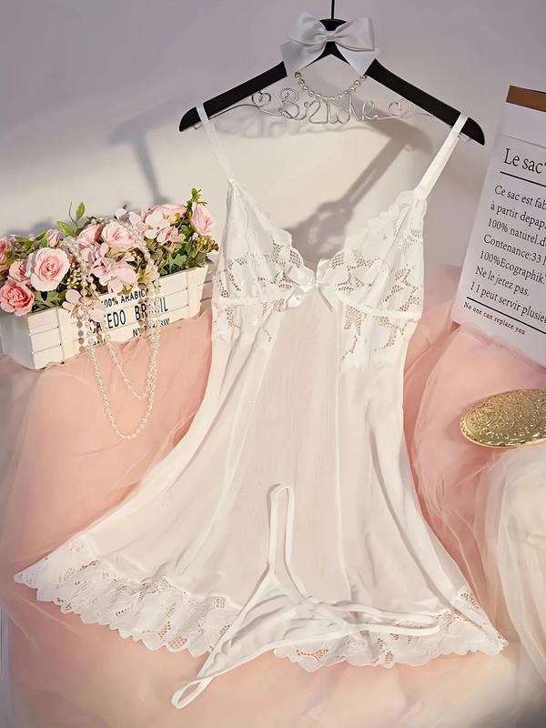 Women's Sheer Contrast Floral Lace Bow Decor Cami Nightdress & Thong Set, Adjustable Spaghetti Strap Backless Nightgown & Panty Set, Ladies Sleepwear for All Seasons