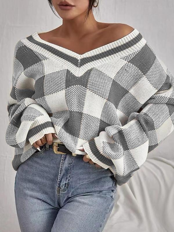 Women's Plaid Print Batwing Sleeve Sweater, Lady Casual Comfort Knitting Deep V Neck Long Sleeve Jumper for Fall, Women's Knitwear Top for Daily Wear