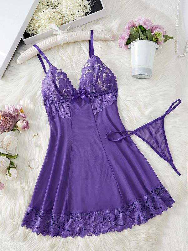 Women's Sheer Contrast Floral Lace Bow Decor Cami Nightdress & Thong Set, Adjustable Spaghetti Strap Backless Nightgown & Panty Set, Ladies Sleepwear for All Seasons