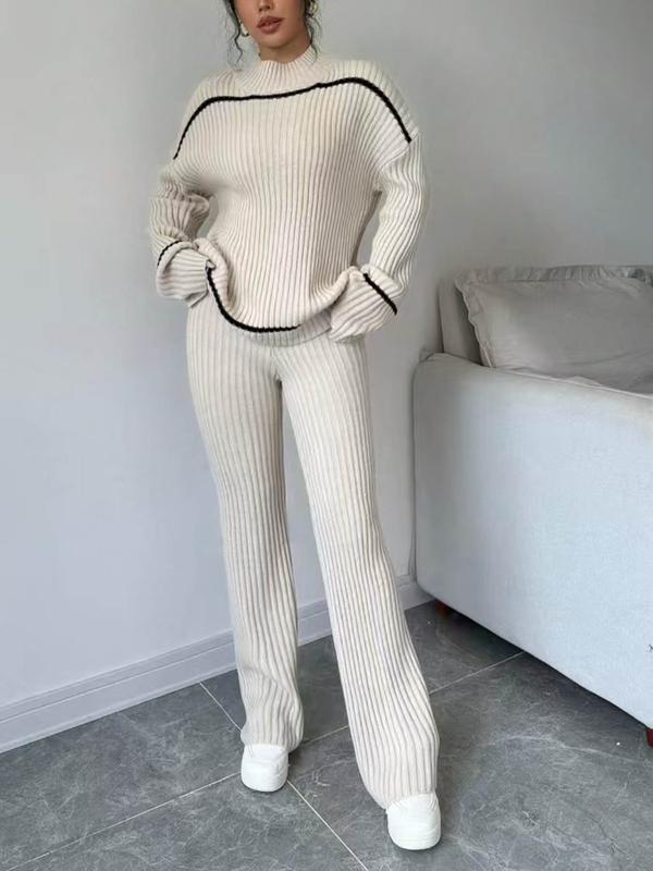 Women's Contrast Binding Drop Shoulder Sweater & Wide Leg Pants Two-piece Set, Casual Fashion Cozy Knitwear Set for Daily Outdoor Wear, Women Knitwear for Fall & Winter