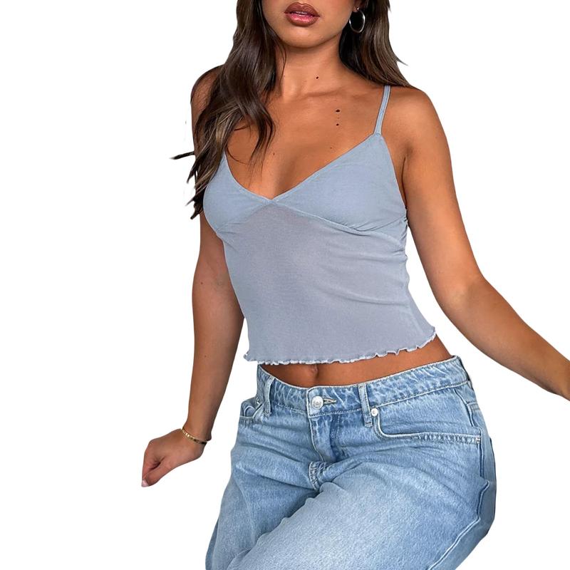 Womens Lace Frill Sheer Mesh Spaghetti Strap Crop Tops Sexy V Neck Cami Tank Tees Shirts Going Out Camisole Basic Fit Light Polyester