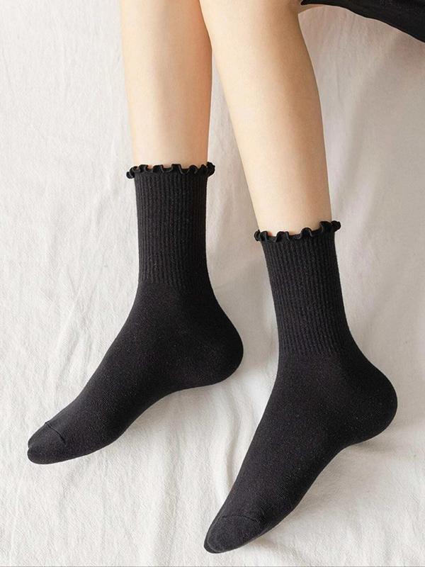 Women's 6 Pairs Frill Trim Crew Socks, Casual Soft Comfy Breathable Socks for Women, Multi-pack Plain Socks for Daily Wear, Women's Socks & Hosiery, Fall Wear, Fallfreshness