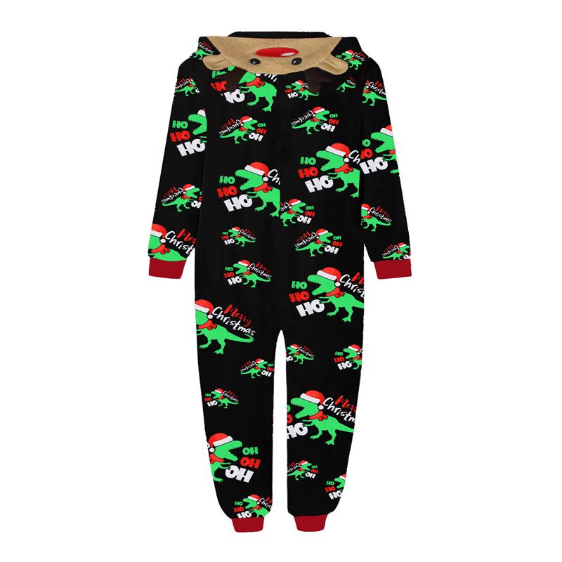 Black Green Christmas Family Matching Jumpsuit, Long Sleeve Hooded Dinosaur Print Zipper Closure Loungewear