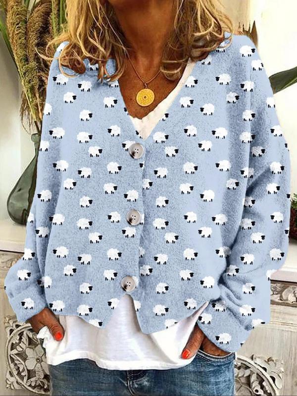 Women's All Over Print Button Front Cardigan, Casual Drop Shoulder Long Sleeve V Neck Knitwear for Daily Wear, Ladies Clothes for All Seasons