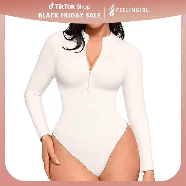 FeelinGirl Long Sleeve Bodysuit for Women Mock Turtle Neck Body Suits Zip Up Design Black Tummy Control Bodysuit Shirts fall  Soft  Breathable Fabric Nylon  Womenswear Collarl livestream#4