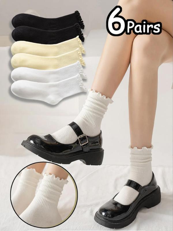 Women's 6 Pairs Frill Trim Crew Socks, Casual Soft Comfy Breathable Socks for Women, Multi-pack Plain Socks for Daily Wear, Women's Socks & Hosiery, Fall Wear, Fallfreshness