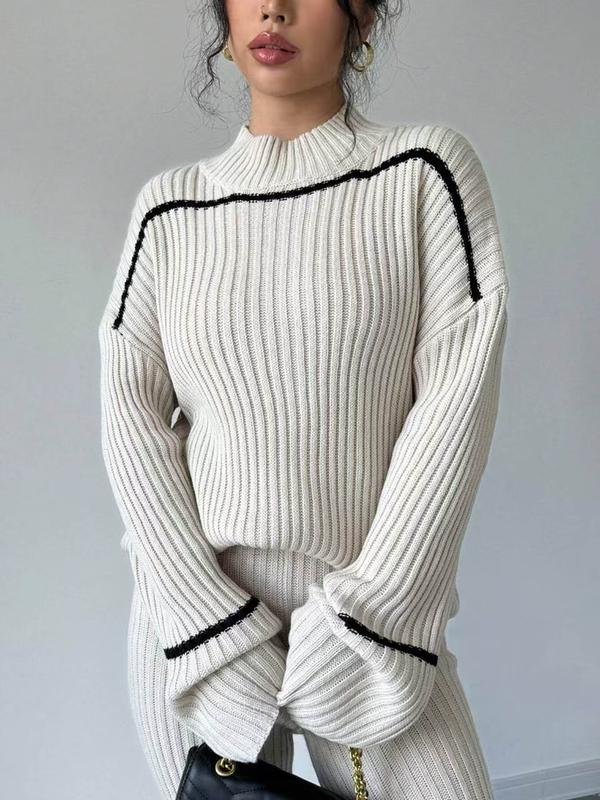 Women's Contrast Binding Drop Shoulder Sweater & Wide Leg Pants Two-piece Set, Casual Fashion Cozy Knitwear Set for Daily Outdoor Wear, Women Knitwear for Fall & Winter
