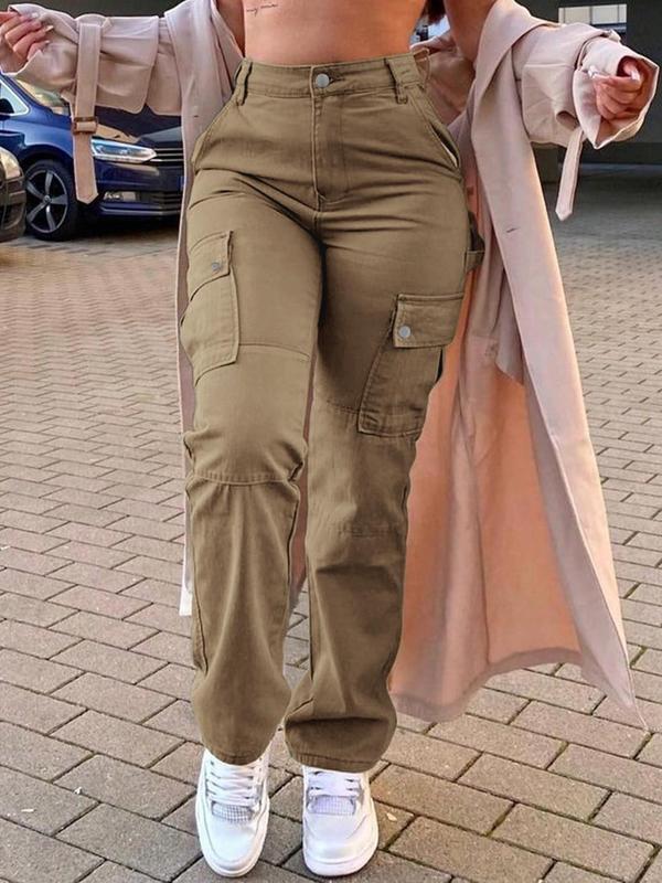 Women's Plain Multi-pocket High Waist Cargo Pants, Casual Elastic Waist Button Fly Trousers for Fall & Winter, Pants for Women, Cargo Pants Women, Women's Bottoms for Daily Wear, Downtown Girl Clothes