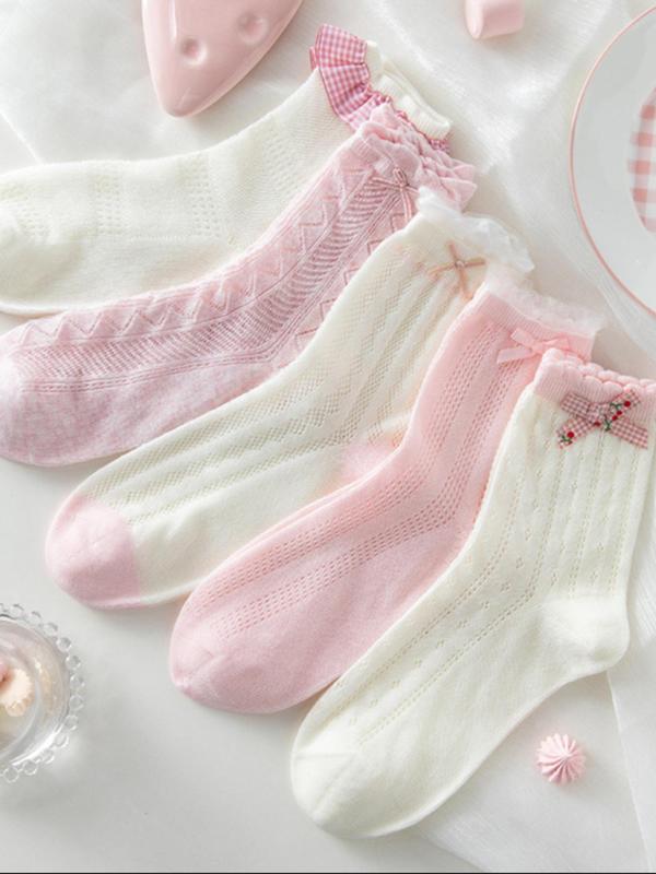 Women's Bow Decor Ruffe Trim Crew Socks, Casual Soft Comfy Breathable Socks for Daily Wear, Ladies Socks for All Seasons