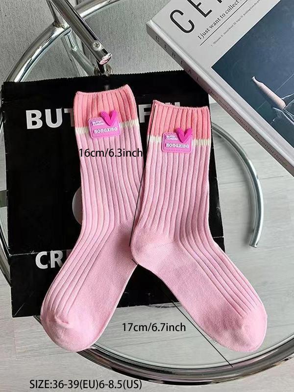 Women's 4 Pairs Heart & Colorblock Print Crew Socks, Casual Moisture Wicking Socks, Soft Comfy Breathable Socks For All Seasons Daily Wear