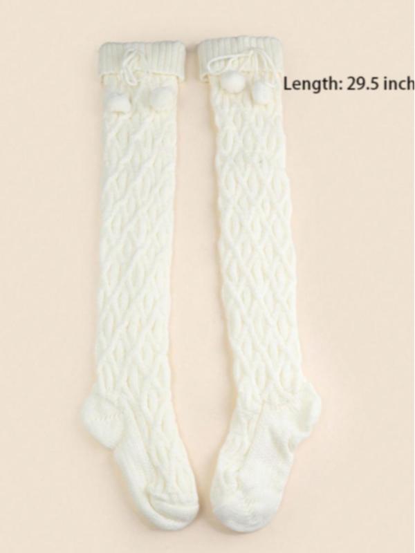 Women's Solid Pom Pom Decor Cable Knit Over The Knee Socks, Casual Soft Comfy Warm Knee High Socks for Fall & Winter, Women's Socks for Daily Wear
