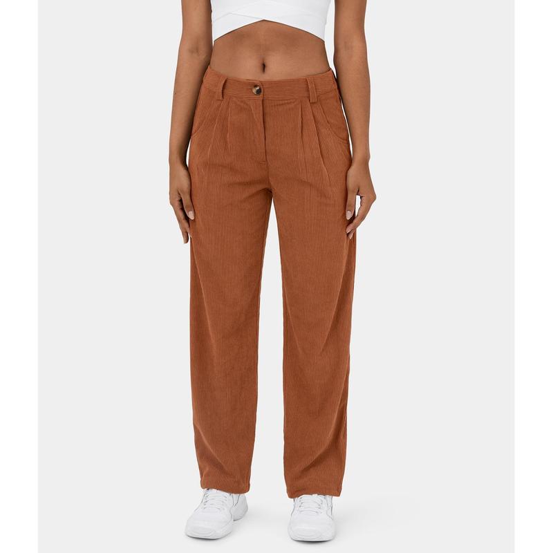 Halara Mid Rise Button Zipper Side Pocket Corduroy Casual Pants