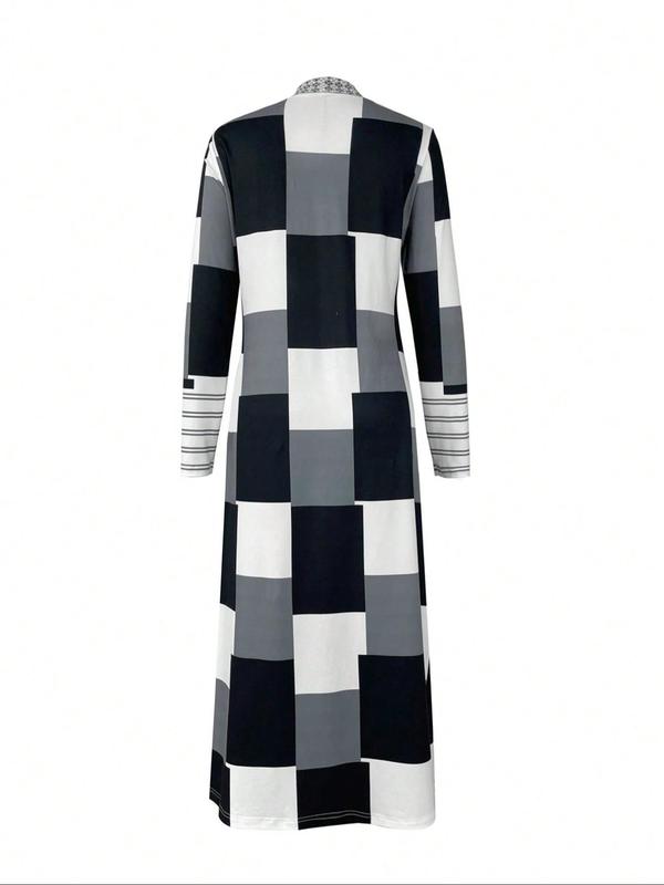 Women's Plaid Print Long Sleeve Open Front Long Coat, Casual Comfy Outerwear for Daily Wear, Ladies Clothes for All Seasons