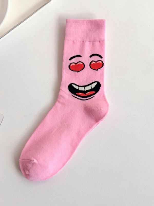Women's Cartoon Face Print Crew Socks, Casual Moisture Wicking Mid Tube Socks, Soft Comfy Breathable Socks for All Seasons Daily Wear