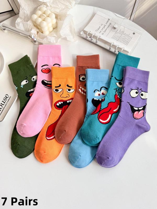 Women's Cartoon Face Print Crew Socks, Casual Moisture Wicking Mid Tube Socks, Soft Comfy Breathable Socks for All Seasons Daily Wear
