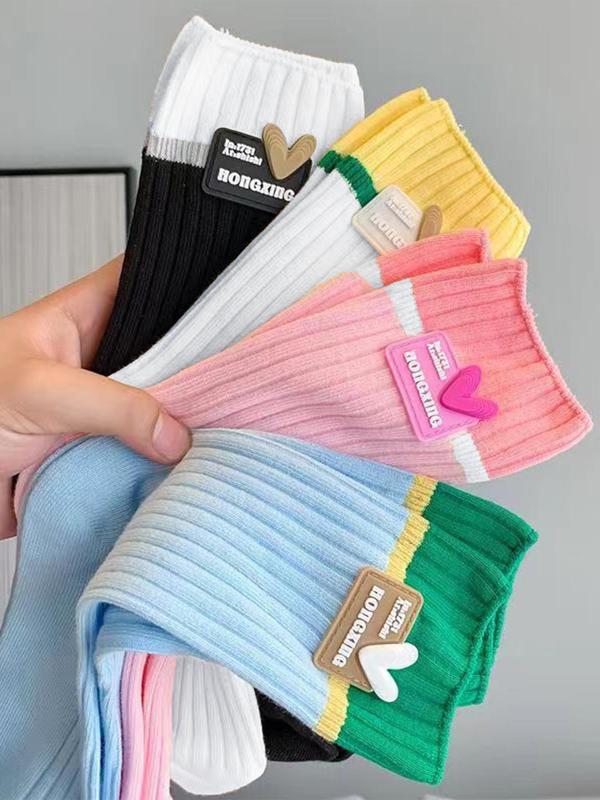 Women's 4 Pairs Heart & Colorblock Print Crew Socks, Casual Moisture Wicking Socks, Soft Comfy Breathable Socks For All Seasons Daily Wear