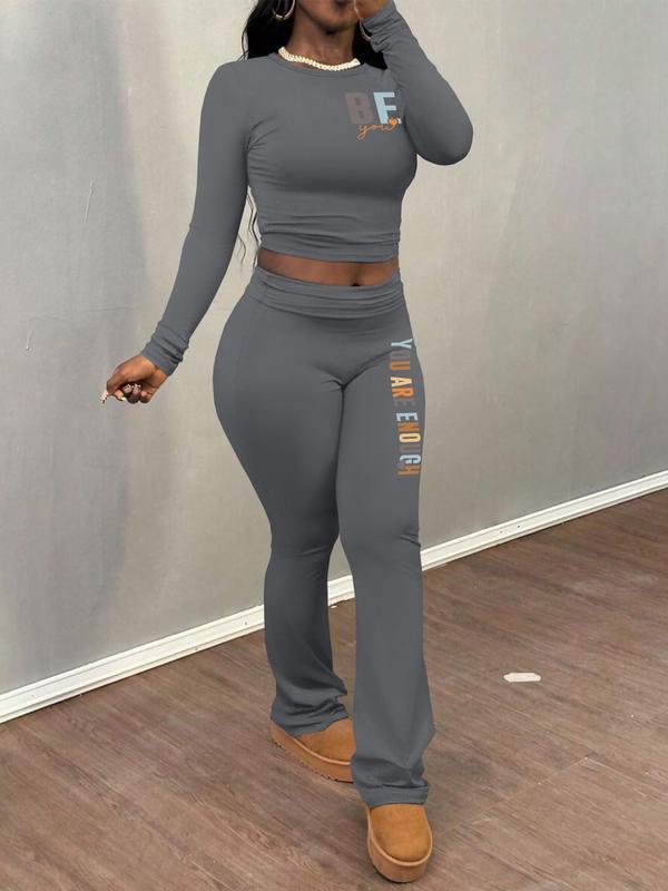 Women's Letter Print Long Sleeve Crop Top & Flare Leg Pants Two-piece Set, Casual Fashion Round Neck Top & Bell Bottom Trousers for Daily Outdoor Wear, Women's Clothing for Fall & Winter