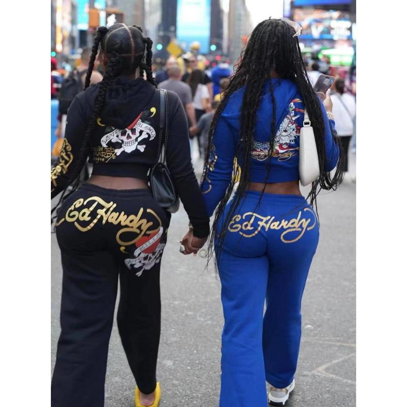 Women's two-piece velvet tracksuit two-piece set long sleeve zippered cropped top sweatpants suit pocket casual street print 2-piece girlfriend suit multicolor suit