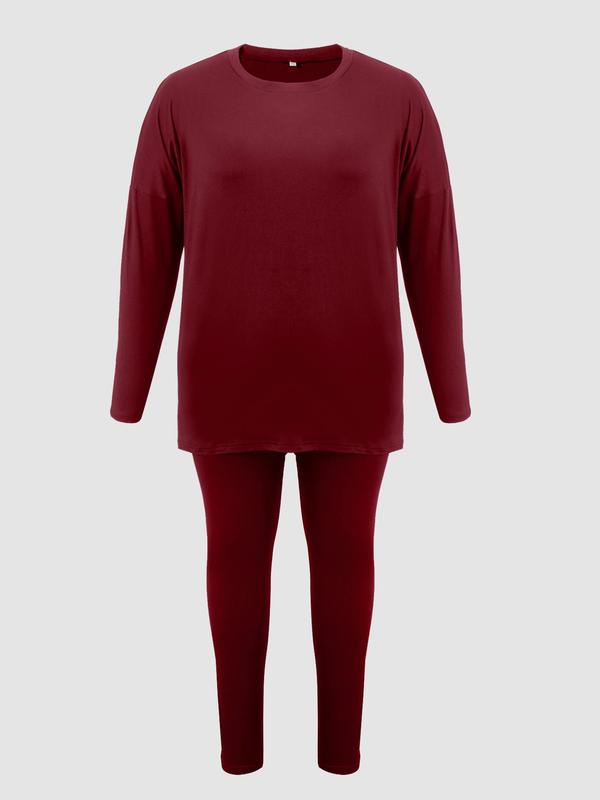  Two-piece Set Solid Drop Shoulder Tee & Elastic Waist Pants Set, Fall Clothes, Casual Fashion Cozy Round Neck Long Sleeve Asymmetrical Hem Top & Trousers, Fall Outfits 2024, Women's Two-piece Outfits for Fall