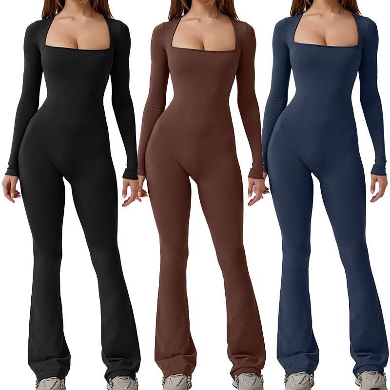 Women's Long Sleeve Jumpsuit Square Neck Wide Leg Full Length Bodysuit Jumpsuit One-Piece Body Shaping Workout Bodysuit