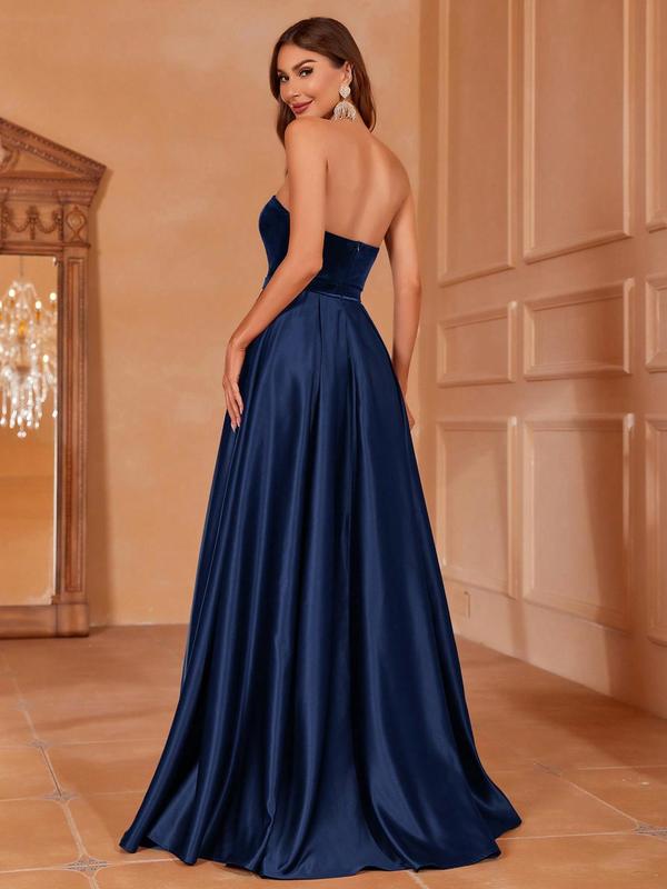 Women's Solid Backless Split Thigh Velvet Satin Evening Dress, Elegant Wrap Belted Maxi Tube Dress for Party Banquet, Ladies' Clothes for All Seasons