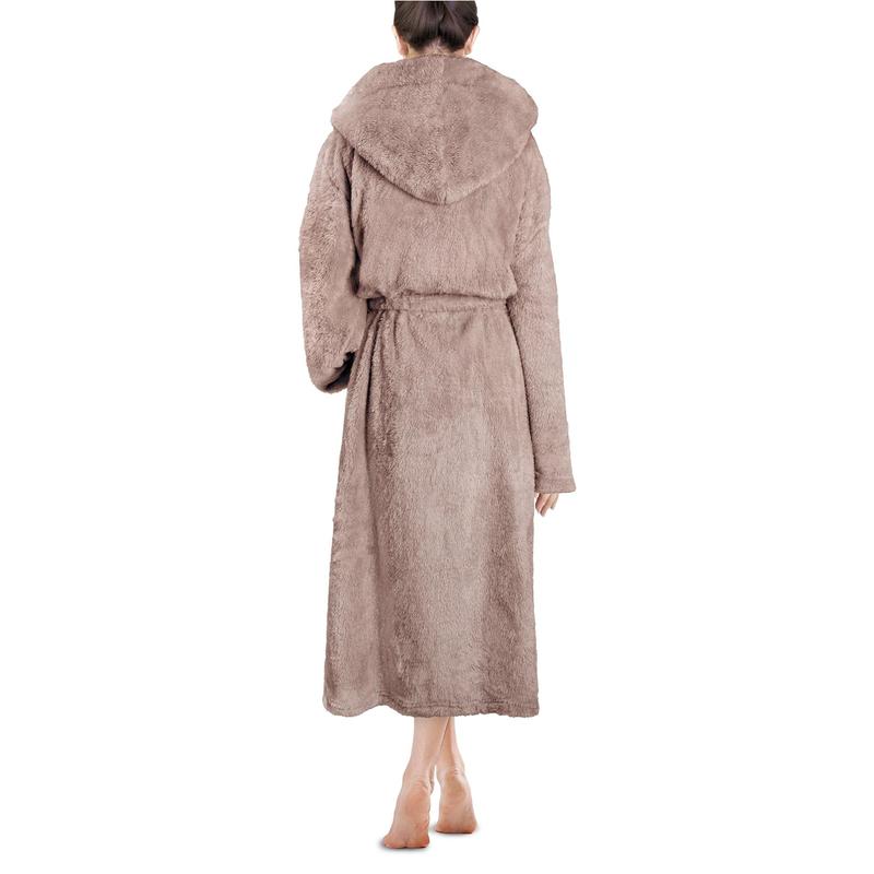 Women Hooded Plush Soft Robe | Fluffy Warm Fleece Sherpa Shaggy Bathrobe (L XL, Taupe)