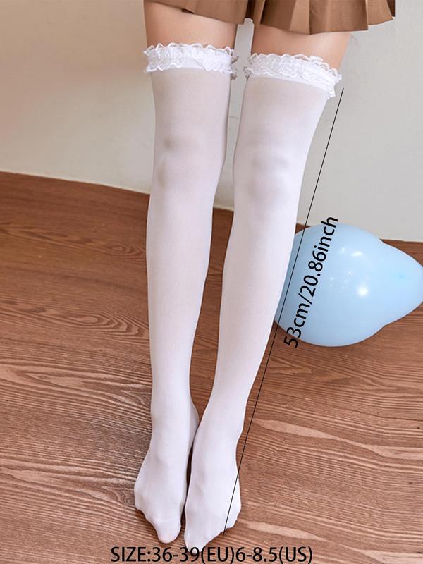 Women's Contrast Lace over the Knee Socks, Korean Outfits,  1 Pair Solid Color Cute Romantic Comfy Socks for Daily Wear, Women's Socks for All Seasons, Korean Streetwear