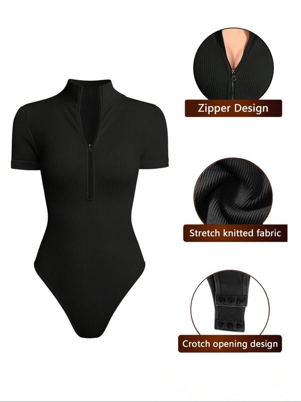 Women's Solid Snap Button Closure Crotch Zip Up  Ribbed Dance Leotard, Sporty Comfy High Stretch Dance Gym Jumpsuit, Ladies Sportswear for Indoor Outdoor Wear
