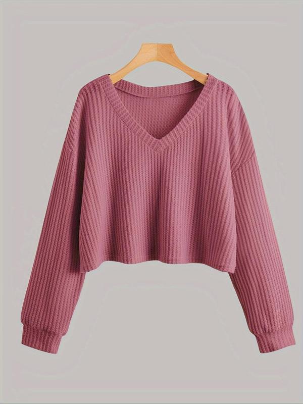  Solid Drop Shoulder Pullover Sweatshirt, Casual Long Sleeve V Neck Jumper for Fall & Winter, Women's Clothing for Daily Wear
