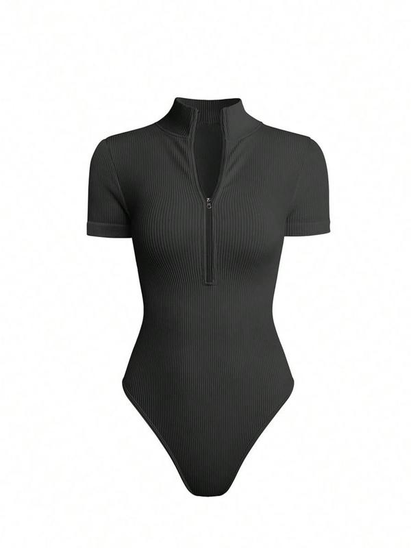 Women's Solid Snap Button Closure Crotch Zip Up  Ribbed Dance Leotard, Sporty Comfy High Stretch Dance Gym Jumpsuit, Ladies Sportswear for Indoor Outdoor Wear