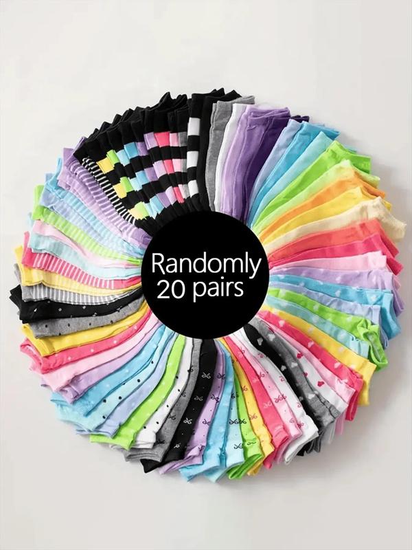 Women's 20 Pairs Random Striped Heart Polka Dot Ankle Socks, Low Cut Comfy Breathable Socks for Daily Wear, Multipack Knit Socks for Women, Mixed Color Socks for All Seasons