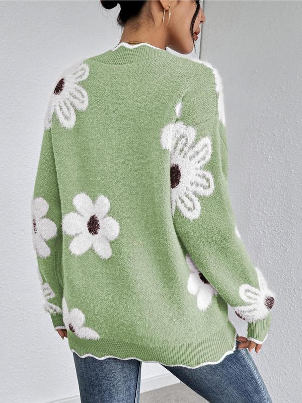 Women's Floral Pattern Scallop Trim Drop Shoulder Sweater Tops, Casual Chic Long Sleeve V Neck Jumper for Fall & Winter, Sweaters for Women, Fashion Ladies' Knitwear for Daily Casual Wear