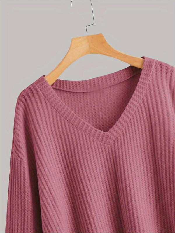  Solid Drop Shoulder Pullover Sweatshirt, Casual Long Sleeve V Neck Jumper for Fall & Winter, Women's Clothing for Daily Wear