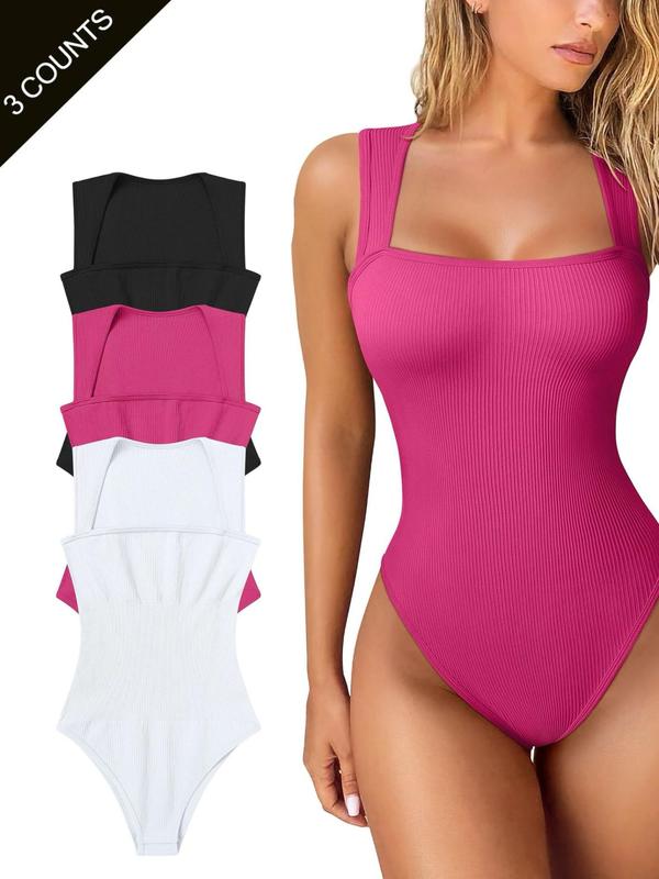 Women's Solid Color Square Neck Sports Tank Bodysuit, Casual Comfy Breathable Sleeveless Button Closure Crotch Bodysuit for Yoga Gym Workout, Ladies Sportswear for All Seasons