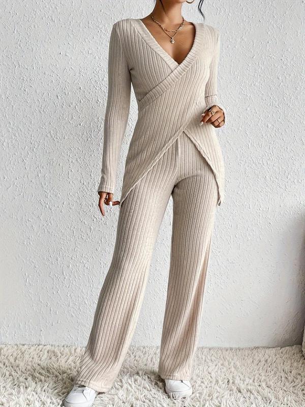 Two-Piece Set Women's Solid Criss Cross V Neck Top & Straight Leg Pants Set, Casual Long Sleeve Top & High Waist Trousers Set for Fall & Winter, Women's Clothes for Daily Wear