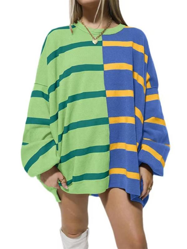 Women's Colorblock Striped Print Drop Shoulder Sweater, Casual Long Sleeve Round Neck Jumper for Fall & Winter, Fashion Ladies' Knitwear for Daily Wear