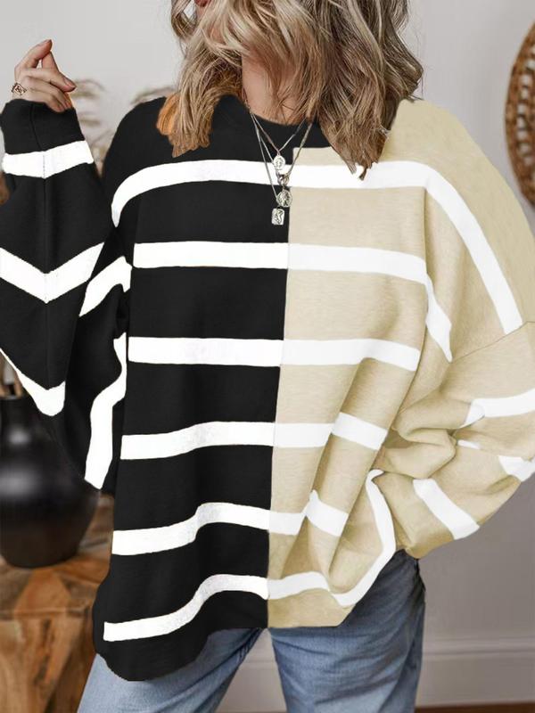 Women's Colorblock Striped Print Drop Shoulder Sweater, Casual Long Sleeve Round Neck Jumper for Fall & Winter, Fashion Ladies' Knitwear for Daily Wear