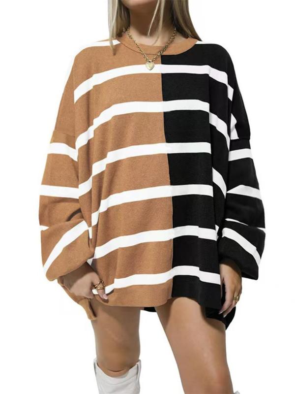 Women's Colorblock Striped Print Drop Shoulder Sweater, Casual Long Sleeve Round Neck Jumper for Fall & Winter, Fashion Ladies' Knitwear for Daily Wear