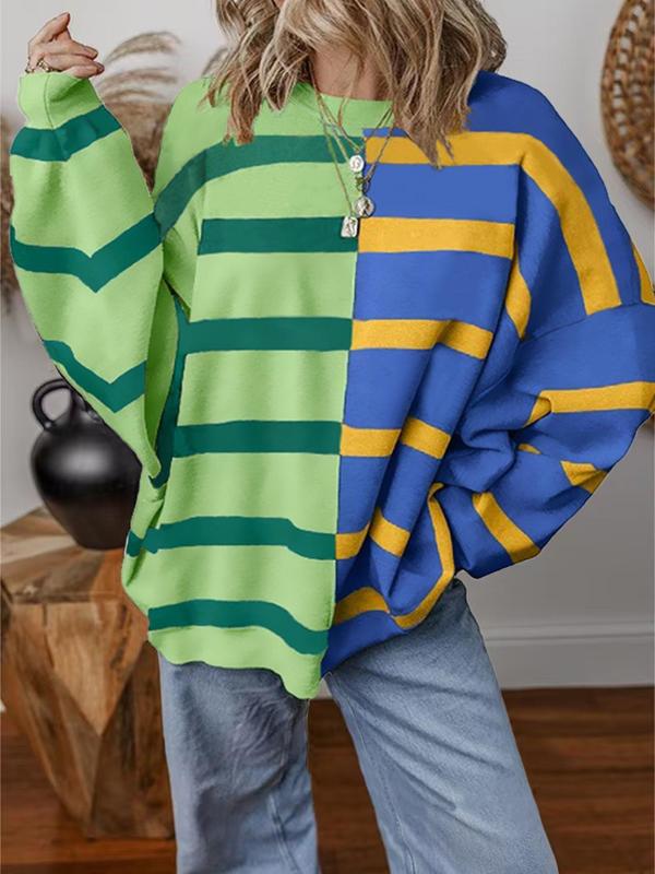 Women's Colorblock Striped Print Drop Shoulder Sweater, Casual Long Sleeve Round Neck Jumper for Fall & Winter, Fashion Ladies' Knitwear for Daily Wear