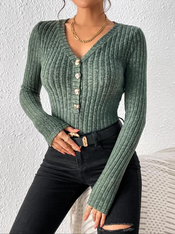 Women's Plain Button Front Ribbed Knit Bodysuit, Casual Long Sleeve V Neck Bodysuit for Fall & Winter, Women's Clothes for Daily Wear, North West Body Suit