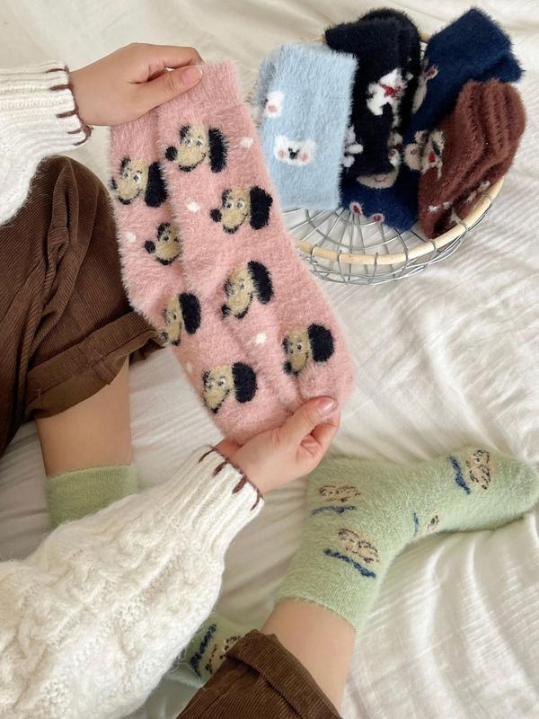 Women's Cute Animal Print Fuzzy Socks, Casual Soft Comfy Floor Socks for Fall & Winter, Women's Socks for Daily Wear