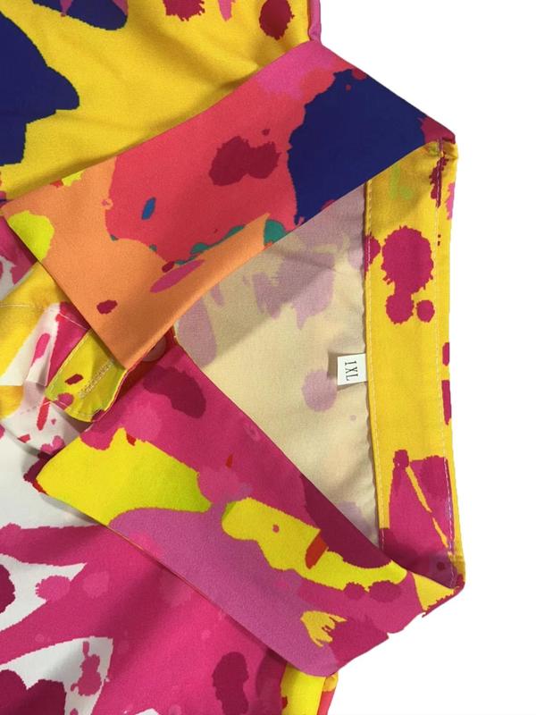  Colorful Splash Ink Print Button Front Split Hem Shirt, Lady Comfort Casual Long Sleeve Collared Top for Daily Womenswear, Fall Clothing Women, Women's Plus Clothing for All Seasons