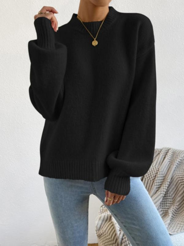 Women's Plain Drop Shoulder Mock Neck Sweater Pullover, Casual Long Sleeve Jumper for Fall & Winter, Women's Knitwear for Daily Wear