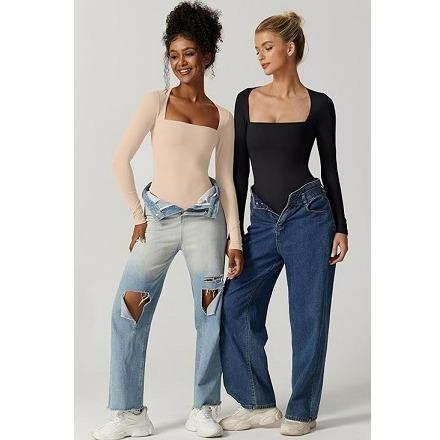 QINSEN Women's Sexy Square Neck Bodysuit Long Sleeve Double Lined Shirt Tops Womenswear Underwear