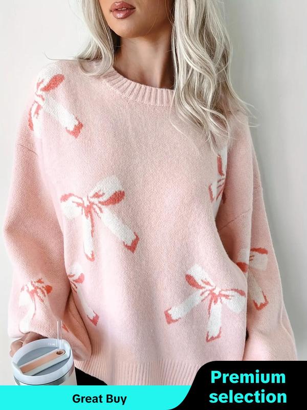 Women's Bow Print Drop Shoulder Sweater, Casual Long Sleeve Round Neck Jumper for Fall & Winter, Sweaters for Women, Fashion Ladies' Knitwear for Daily Wear