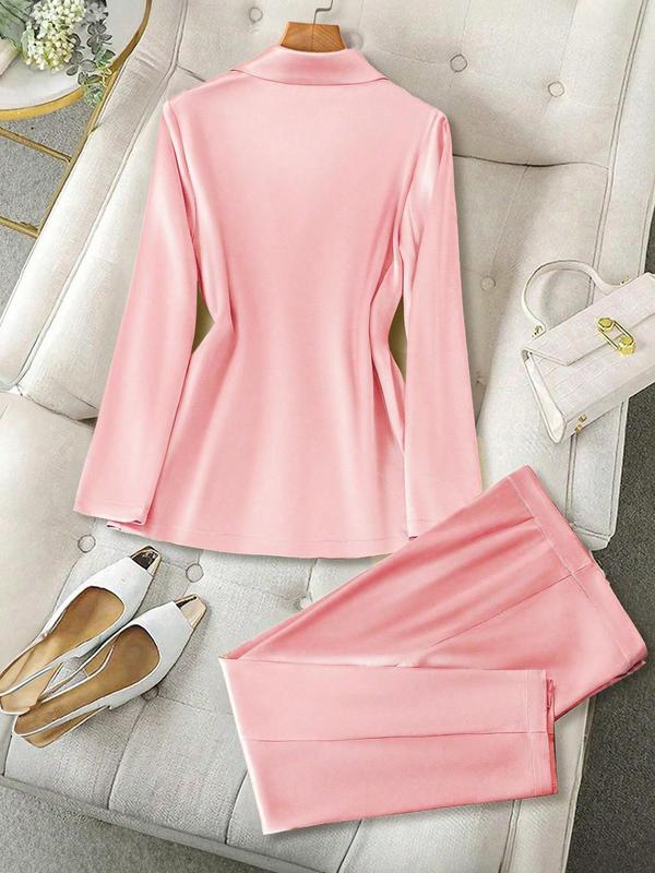 Women's Solid Button Front Pocket Blazer & Pants Two-piece Set, Long Sleeve Lapel Neckline Blazer & Straight Leg Pants, Blazers Suit Sets for Women,  Casual Fall Outfits Clothes for Ladies