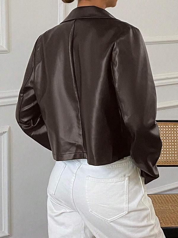 Women's Solid Button Front Pocket Design Faux Leather Jacket, Street Fashion Long Sleeve Collared Outerwear for Daily Wear, Ladies Spring & Fall Clothes
