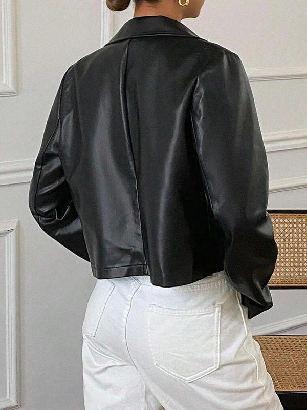 Women's Solid Button Front Pocket Design Faux Leather Jacket, Street Fashion Long Sleeve Collared Outerwear for Daily Wear, Ladies Spring & Fall Clothes